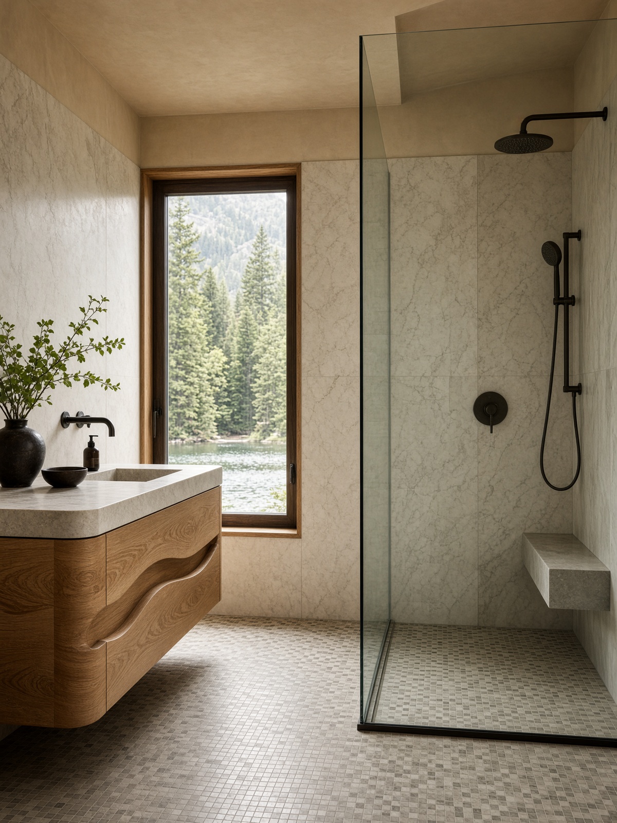 Stone primary bath with oak vanity and glass