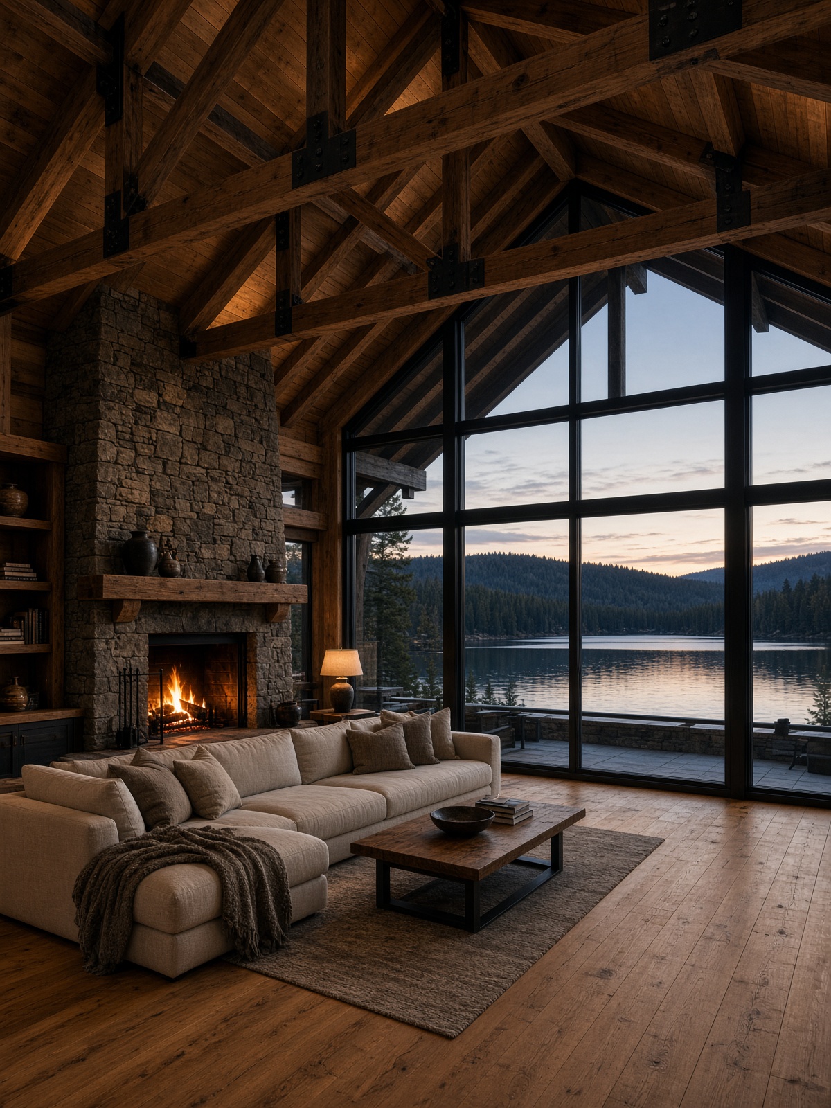 Timber and glass great room with a stone fireplace