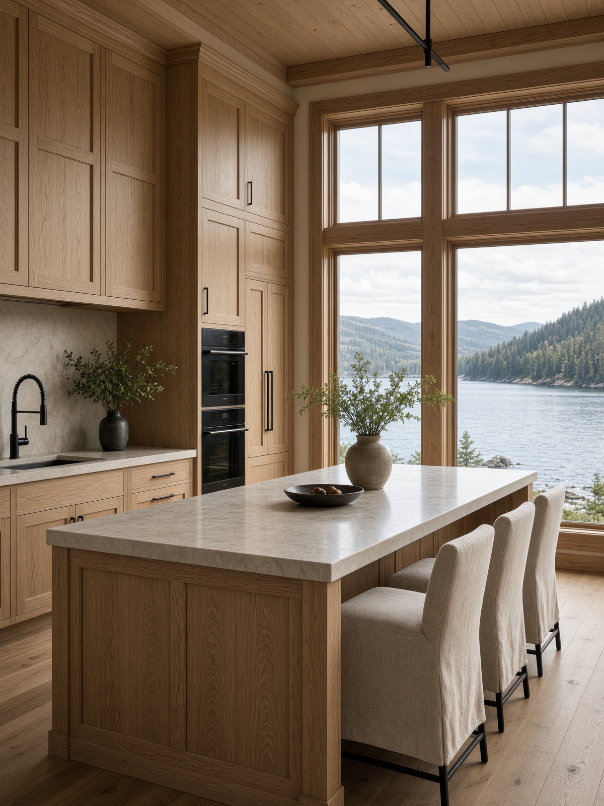 White oak kitchen with stone counters and lake light