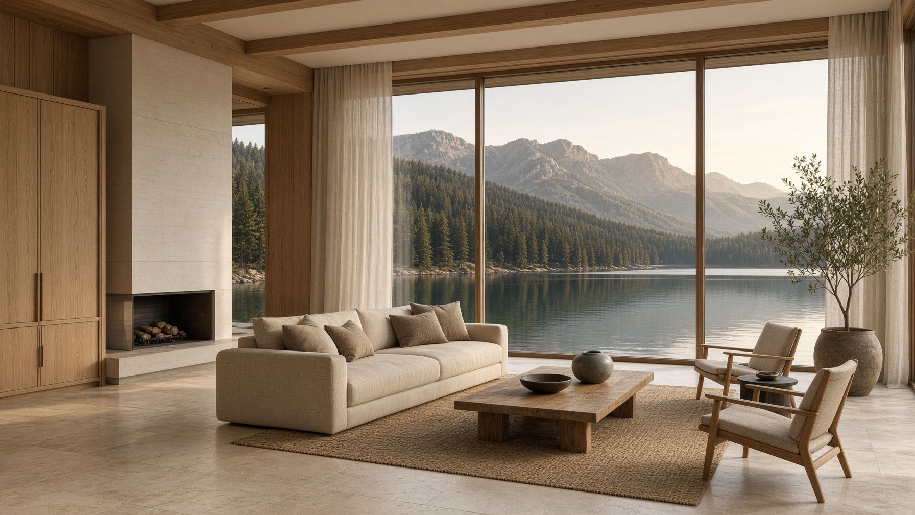 Lake house interior with pale stone, white oak, linen, and glass toward the water