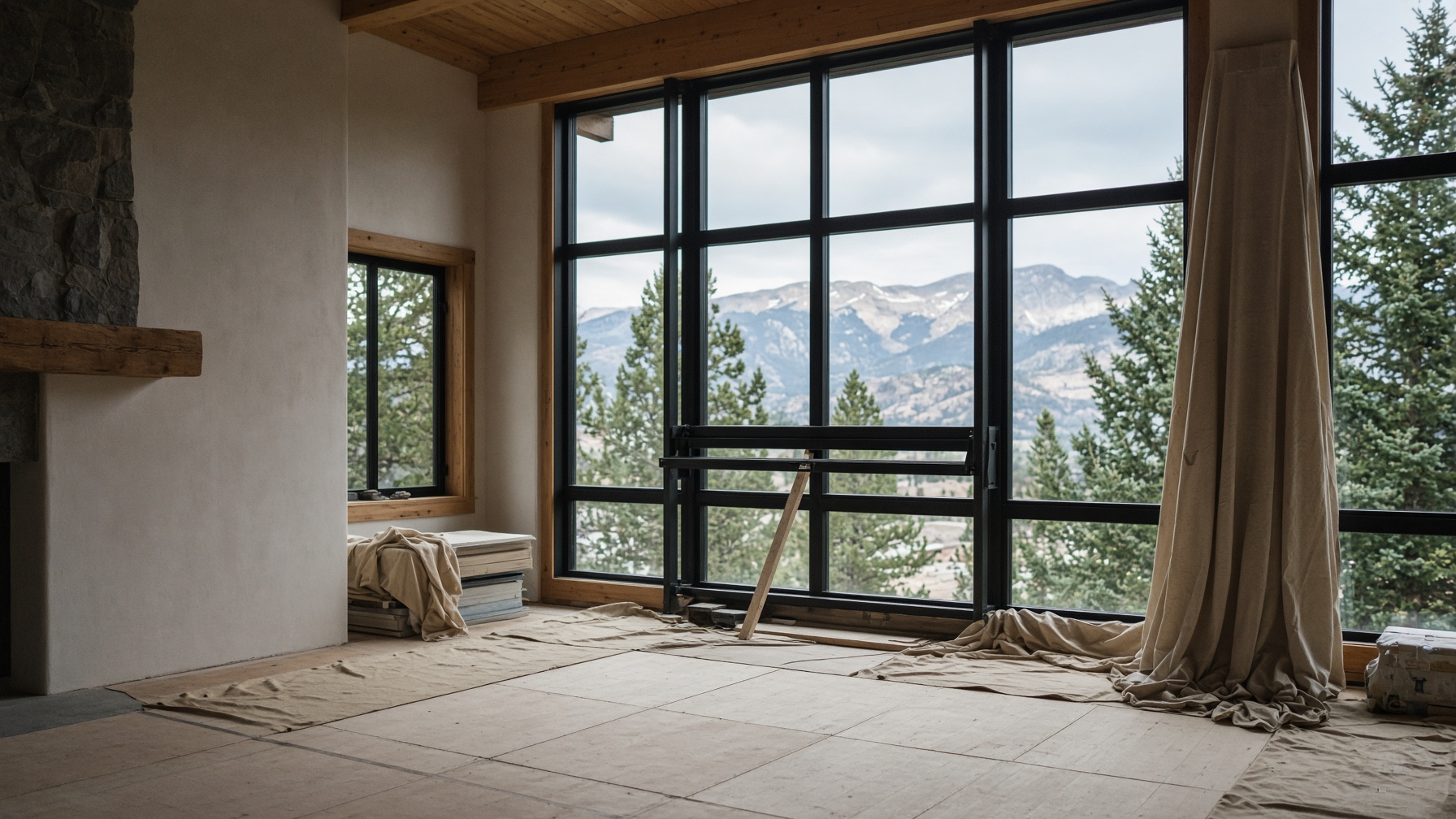 Build: orderly interior construction with floor protection and steel windows