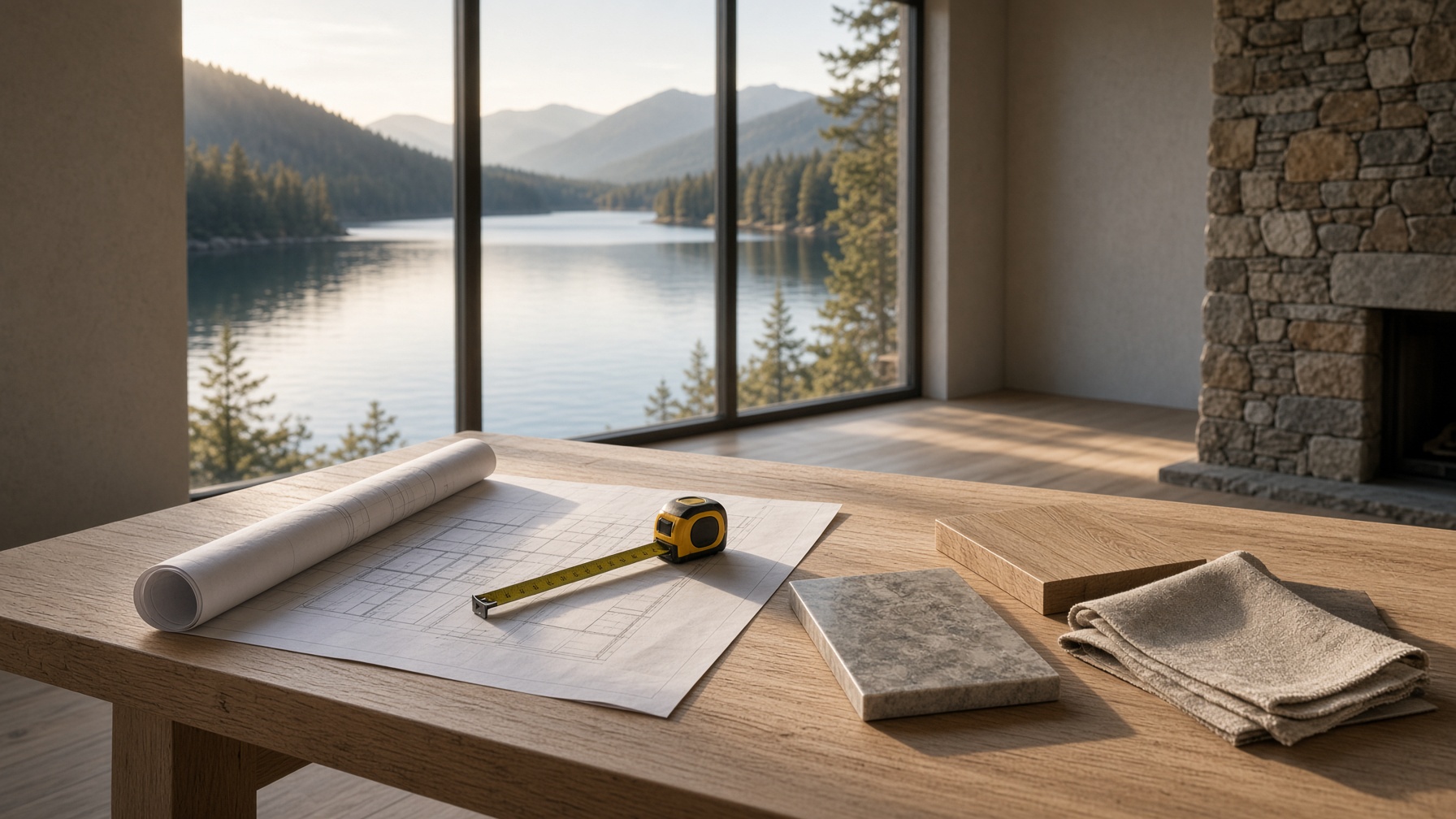 Consult: plans and material samples on a white oak table in lake light