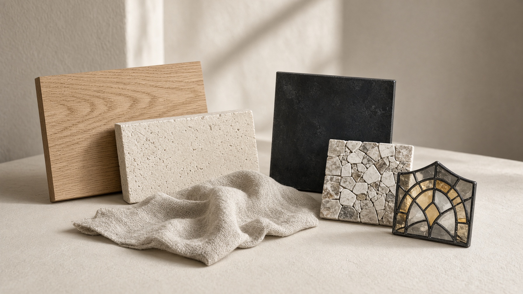 Plan: oak, limestone, linen, steel, and tile samples in studio light