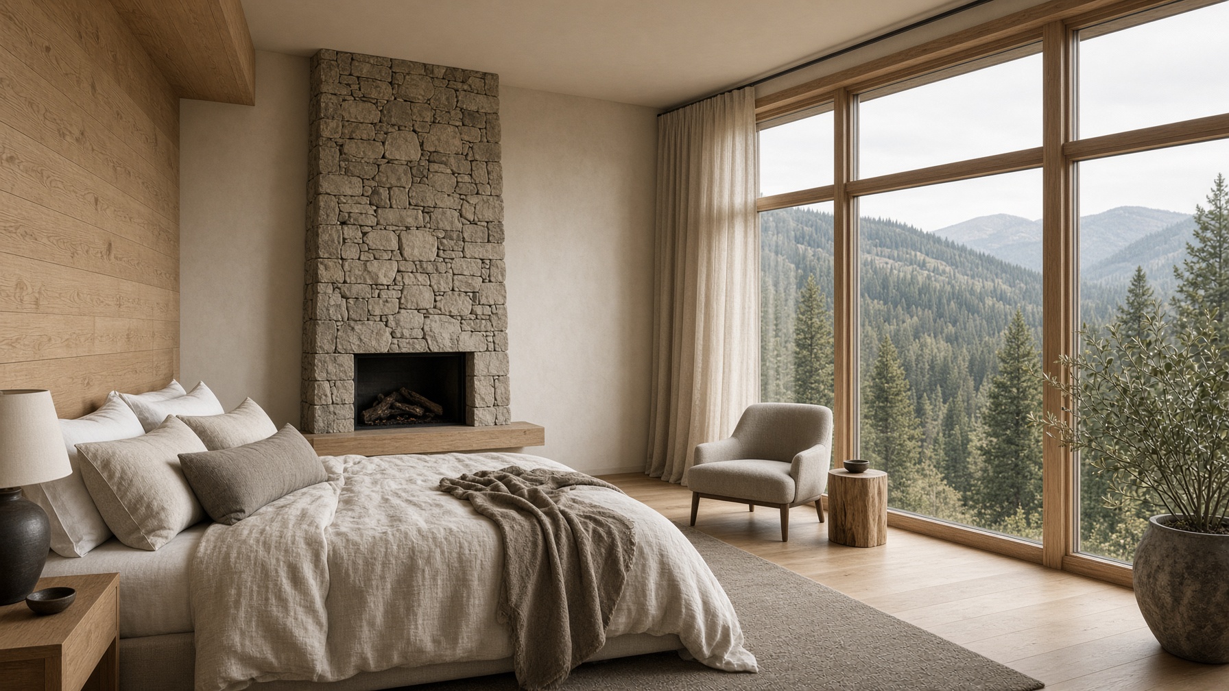 Primary suite addition with oak, linen, and mountain light