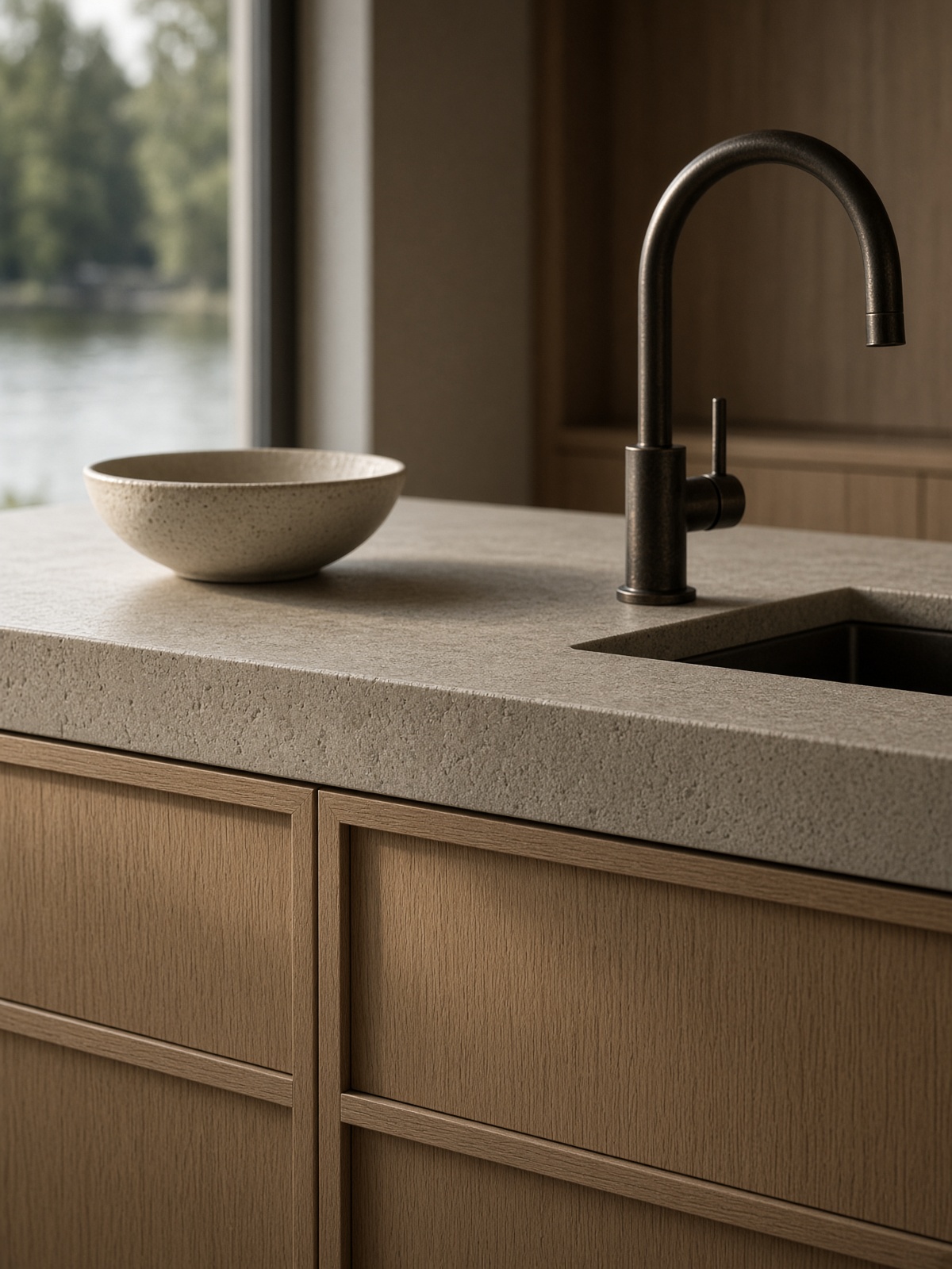 Stone counter meeting white oak millwork and a bronze faucet