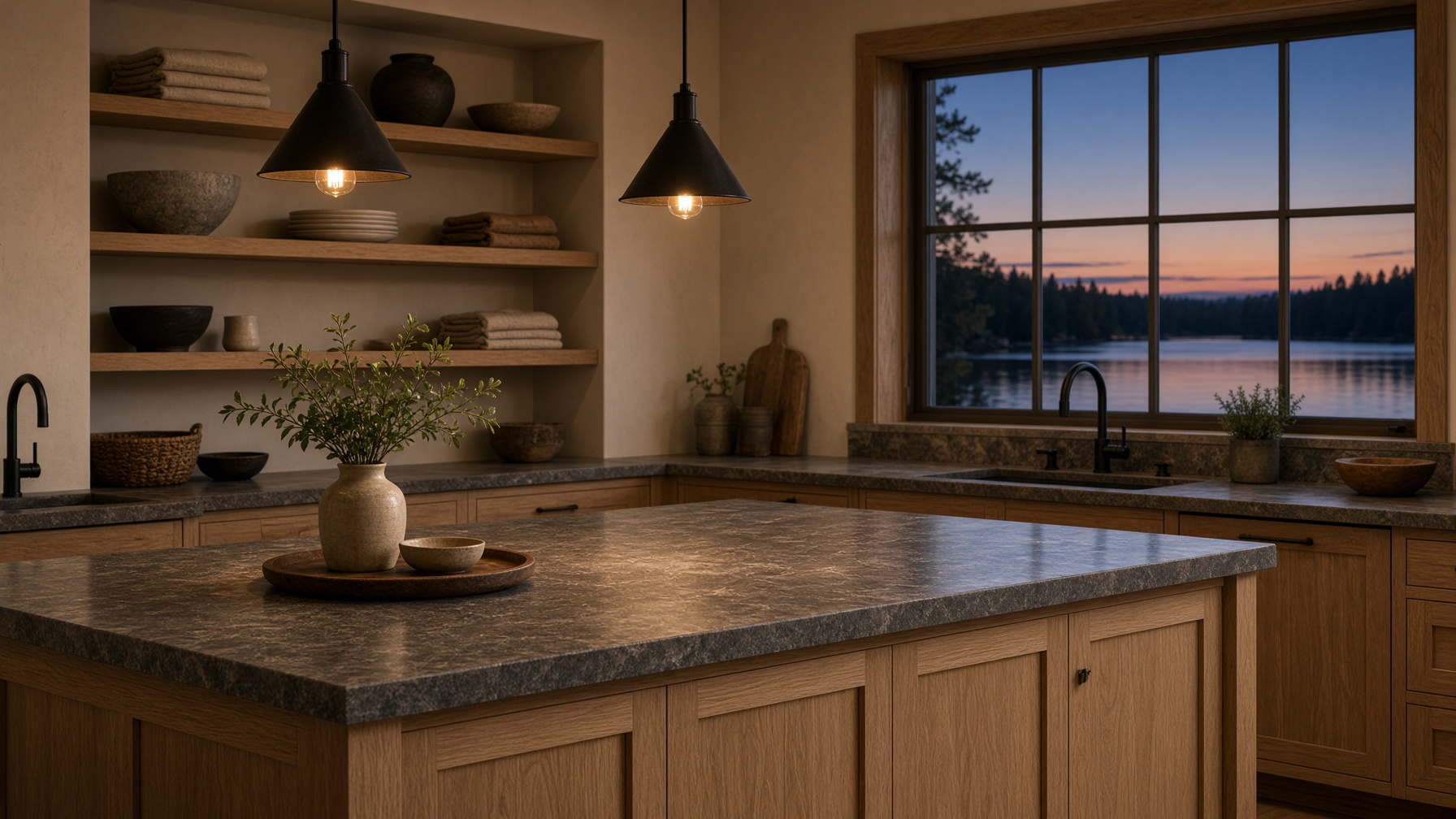 Kitchen island with black steel pendants at dusk
