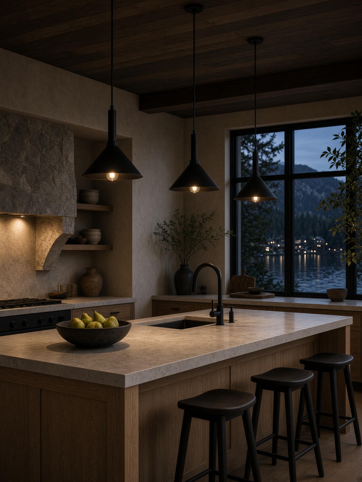 Black steel pendants over a white oak kitchen island