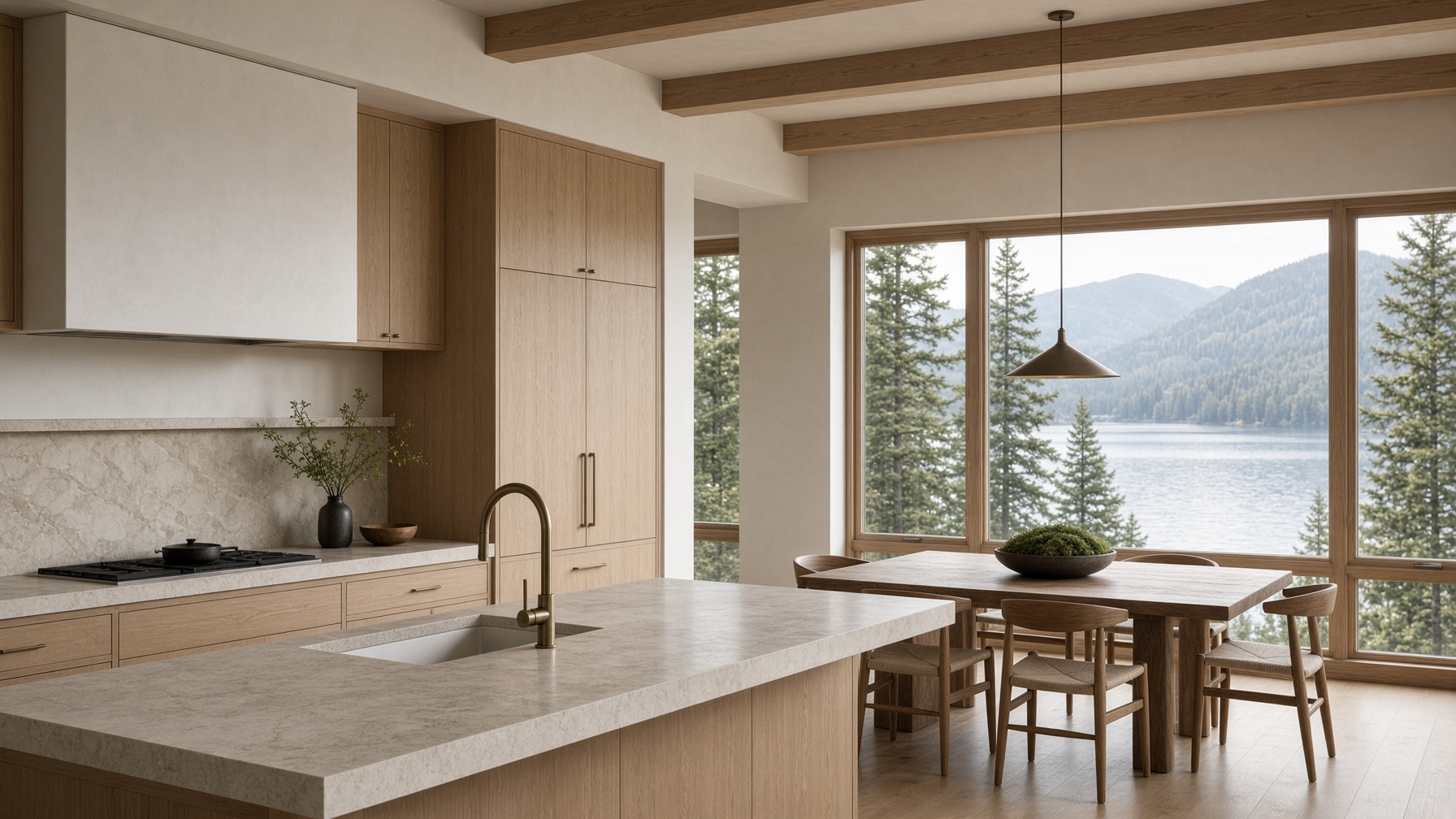 White oak kitchen with stone counters and lake light, Whitefish