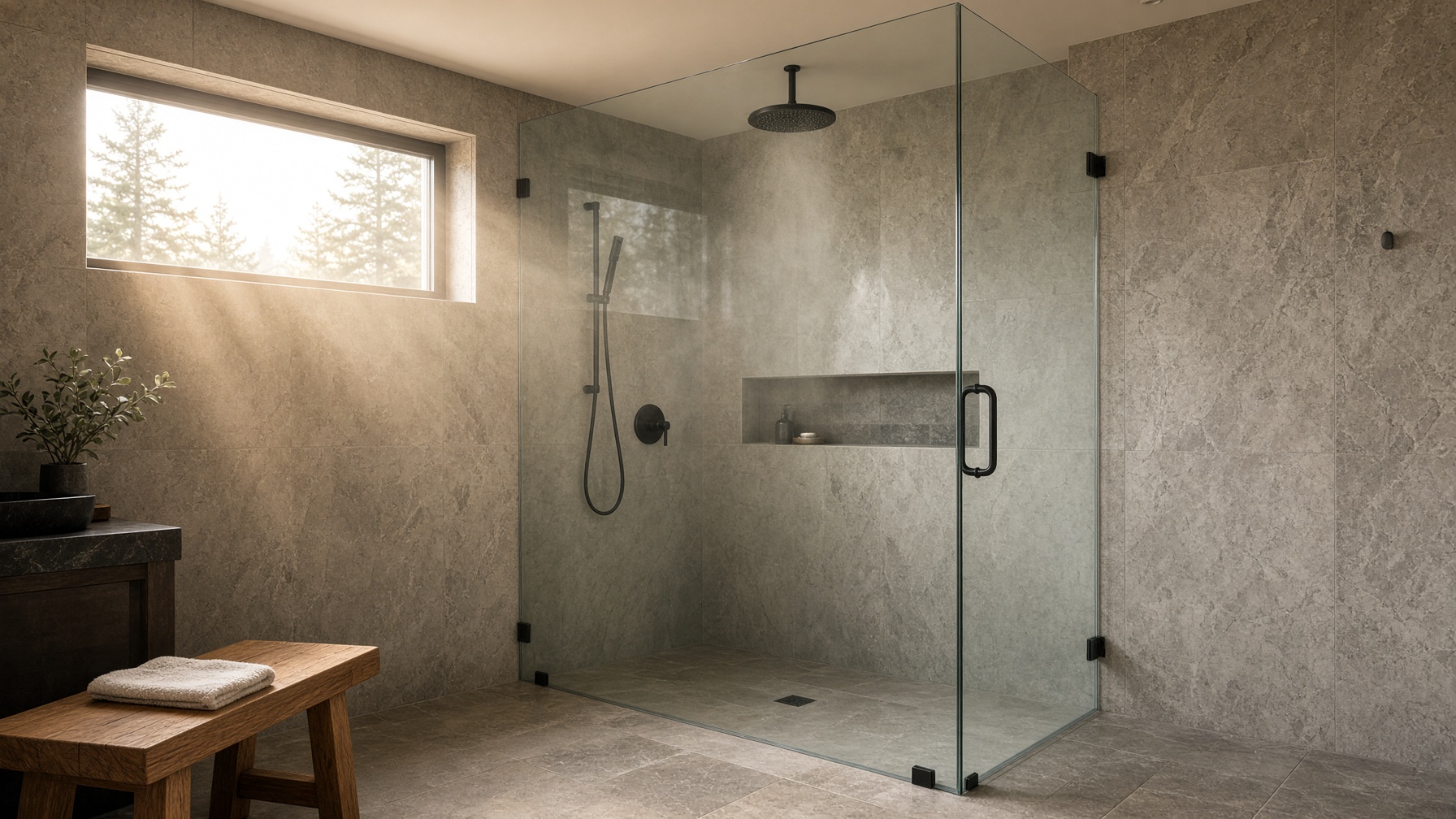 Frameless glass shower in a stone primary bath