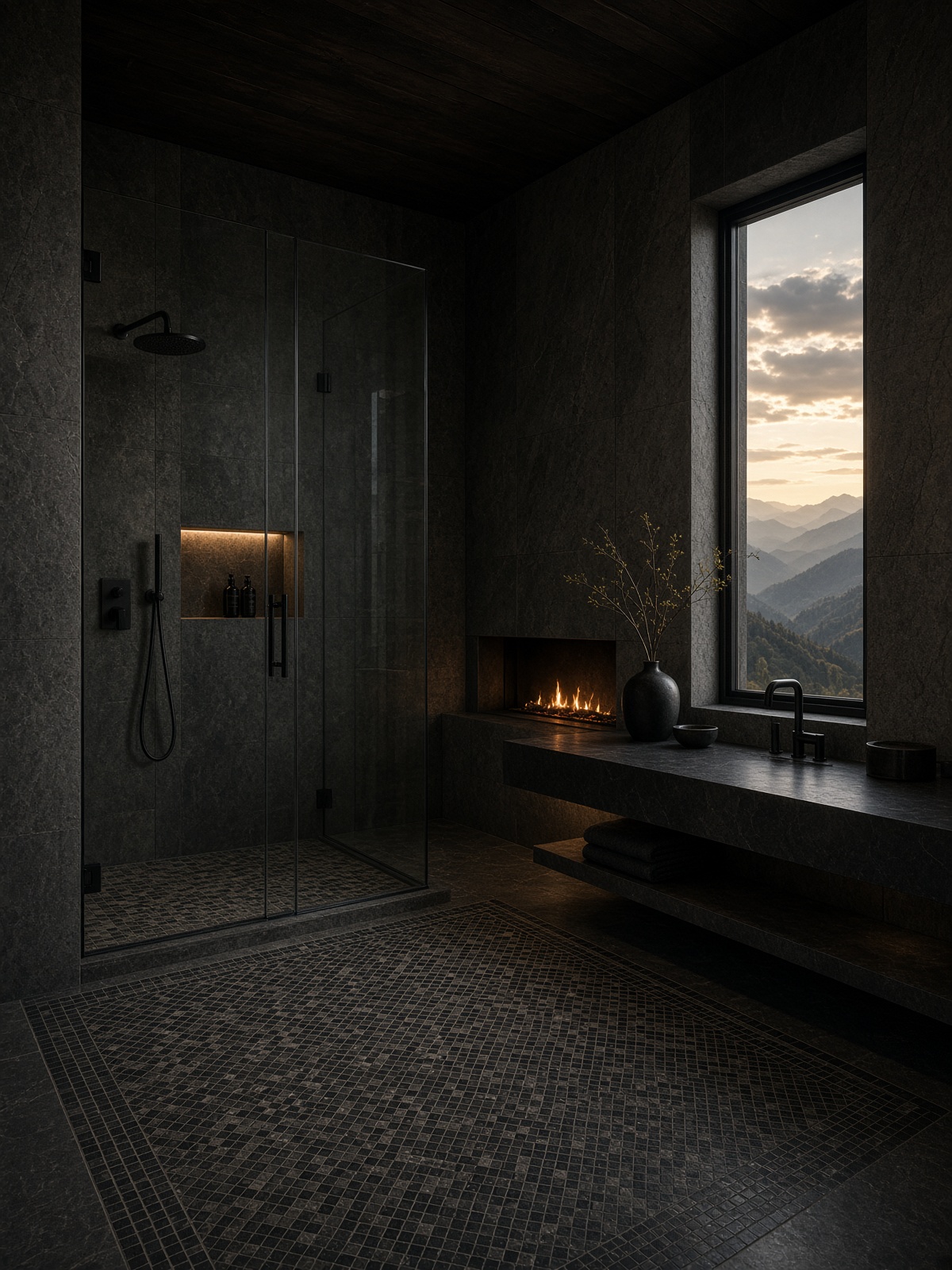 Primary bath with stone walls, mosaic floor, and black fixtures, Bigfork