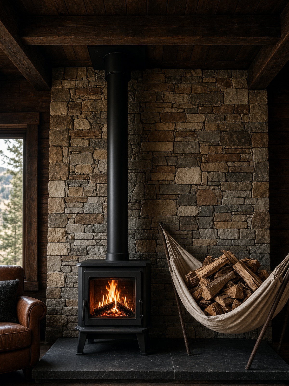 Stone wood stove wall with black steel stove