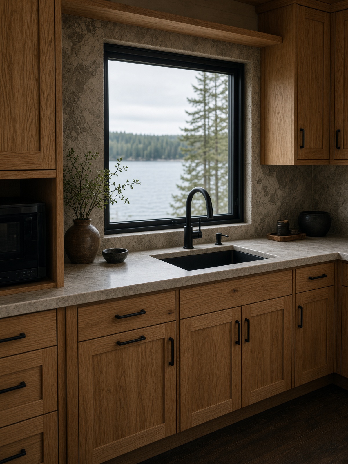 Compact white oak cabin kitchen with a window to the lake