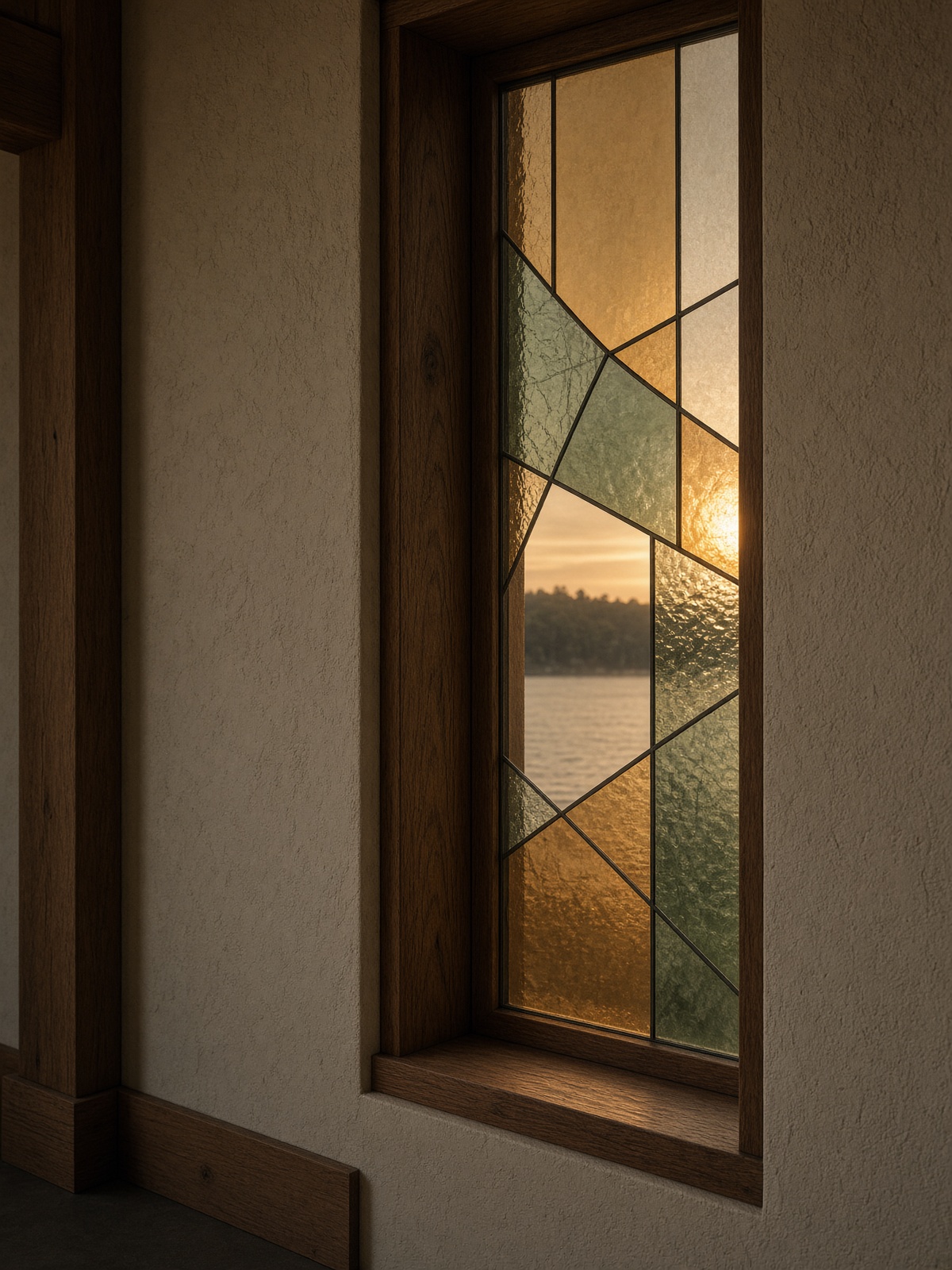 Stained glass accent panel in a timber and plaster wall