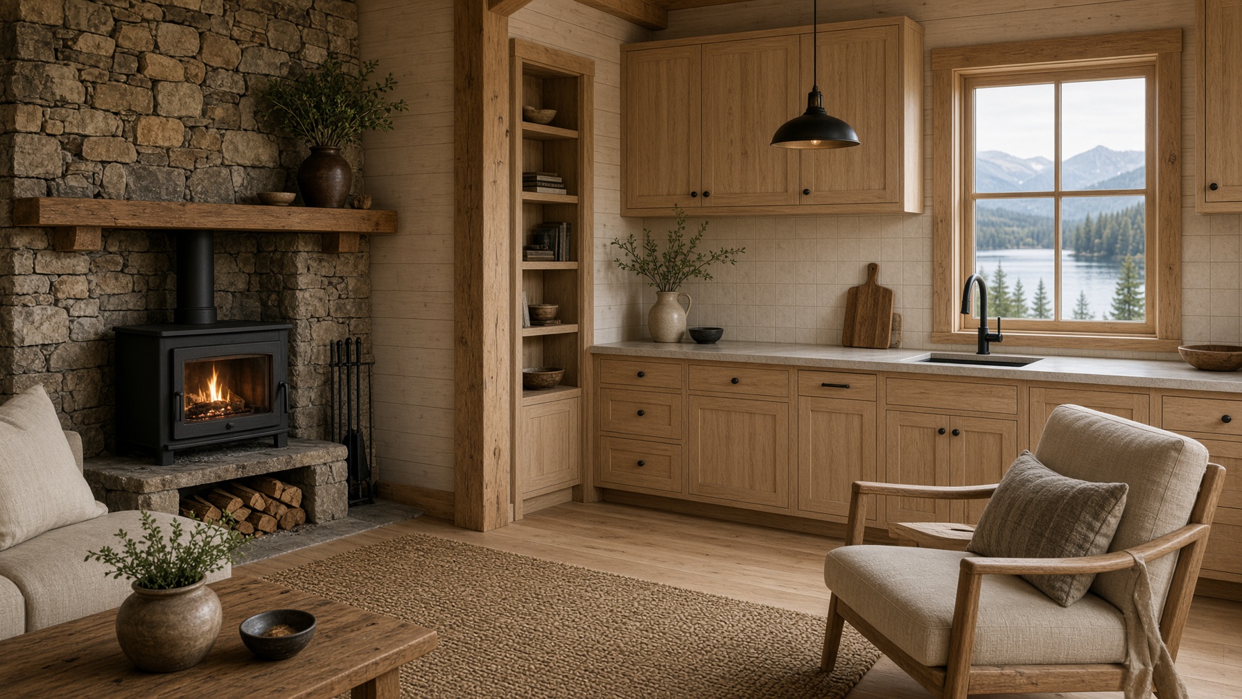 Refreshed lakeside cabin interior with wood stove and kitchen