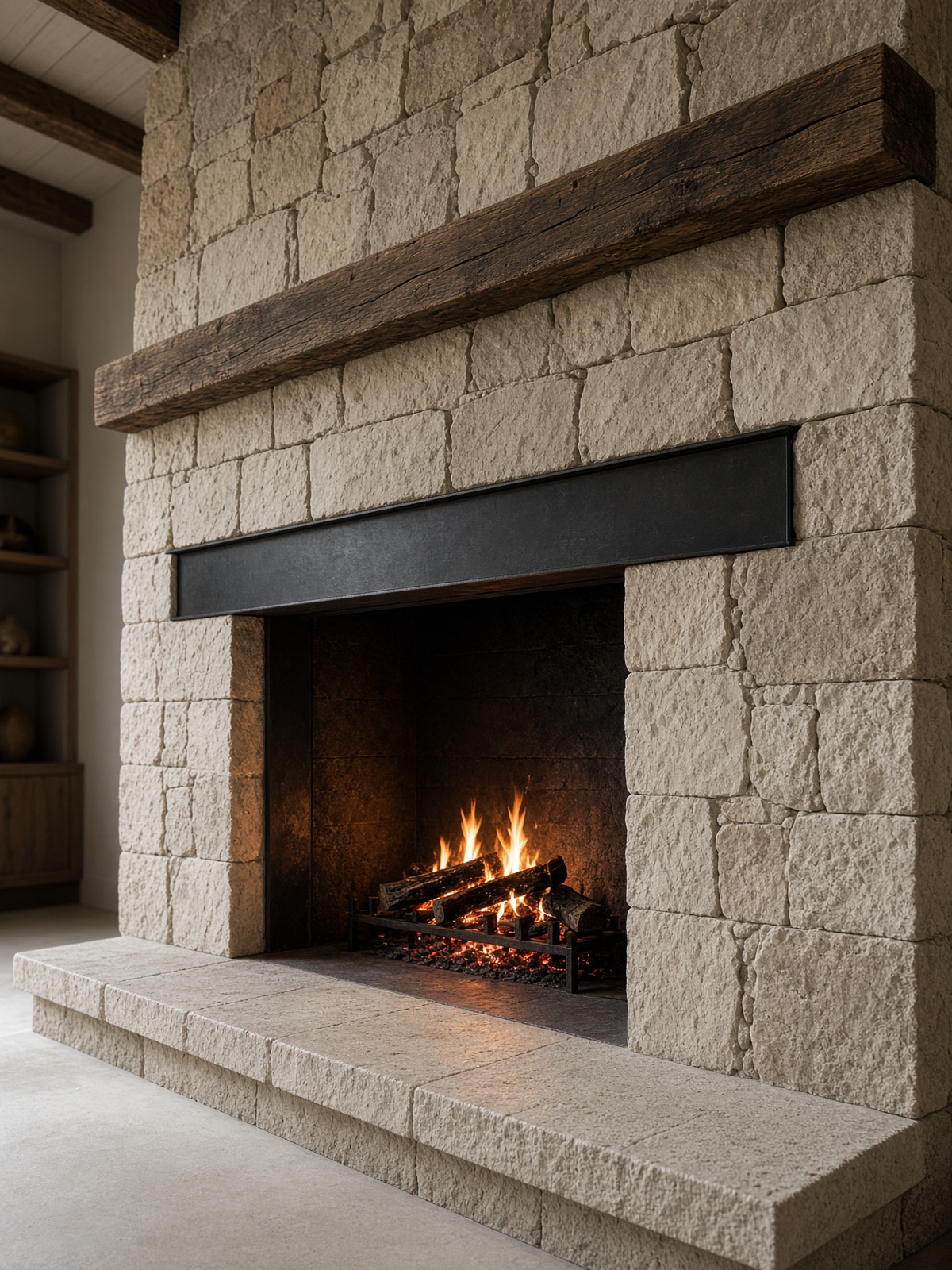 Monumental stone fireplace with black steel lintel
