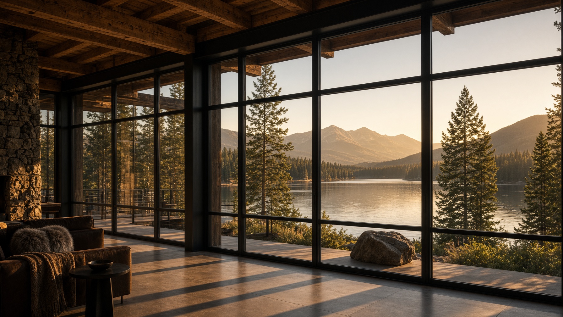 Black steel and timber framing looking out to a Montana lake