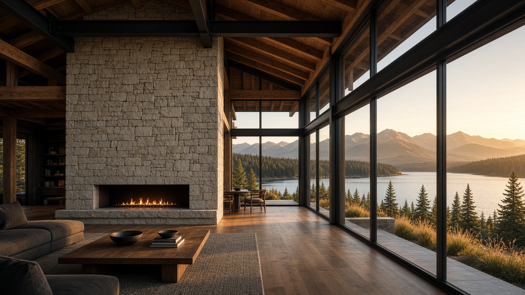 Great room addition with timber, steel, fireplace, and lake glass, Kalispell