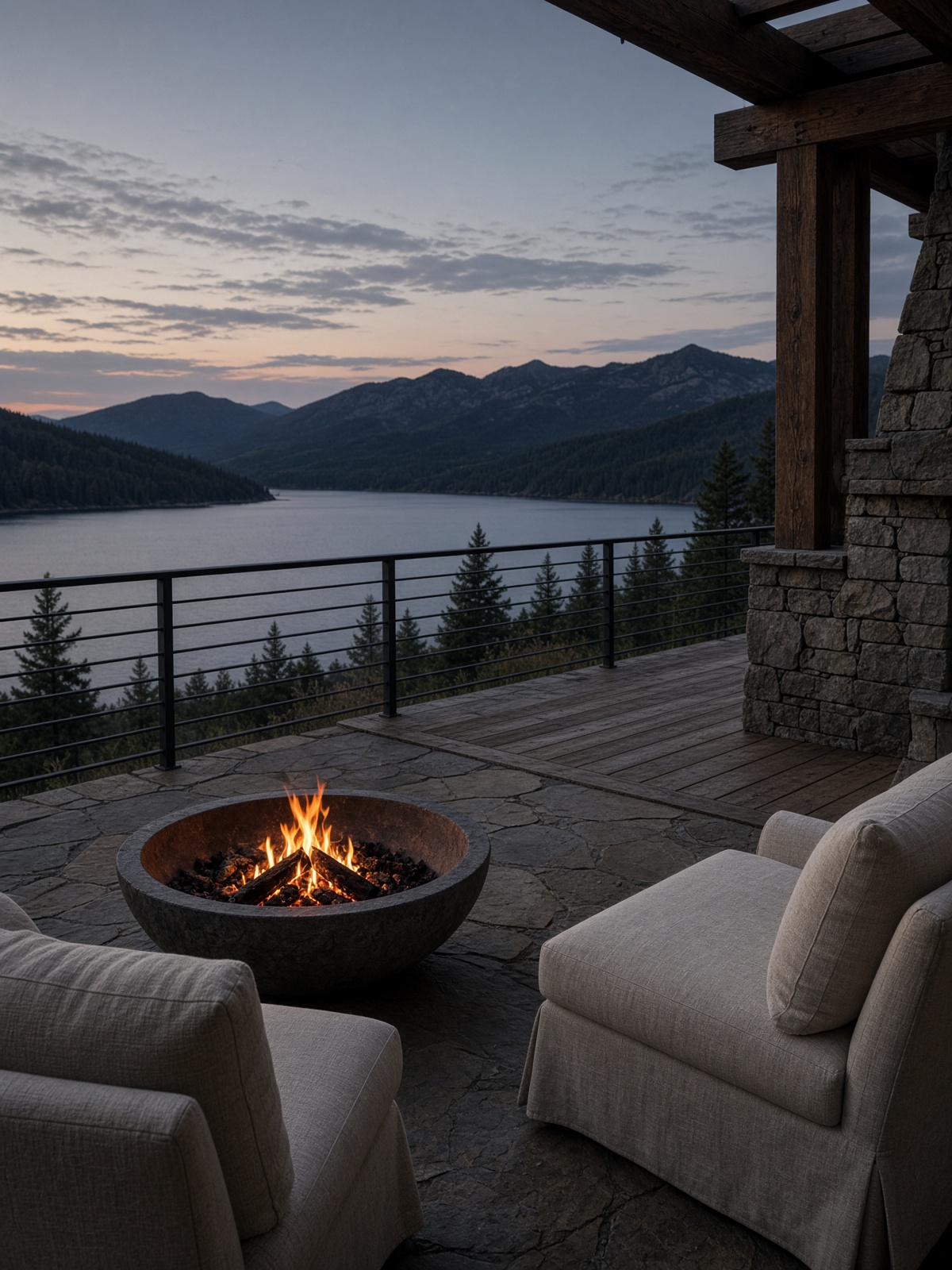 Stone and timber lakeside deck at dusk with a fire bowl