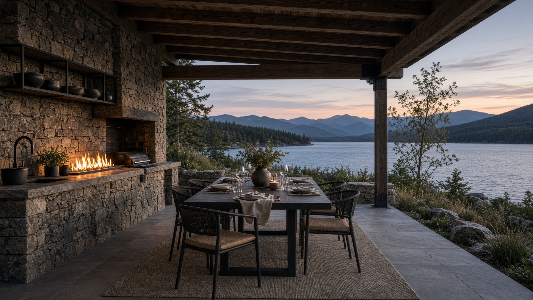 Stone outdoor kitchen and dining terrace on a Montana lake