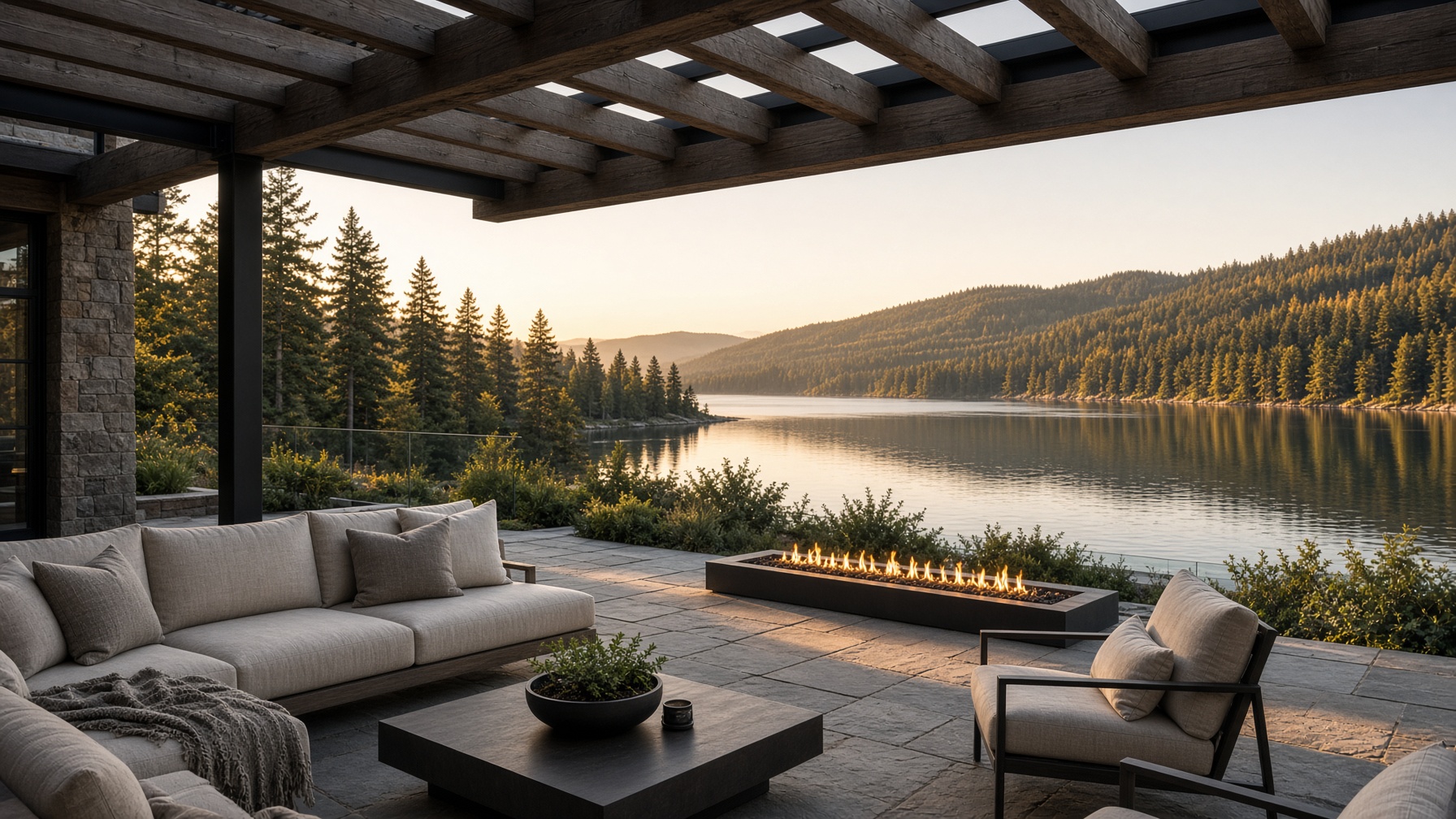 Stone and timber lake terrace with fire feature, Somers
