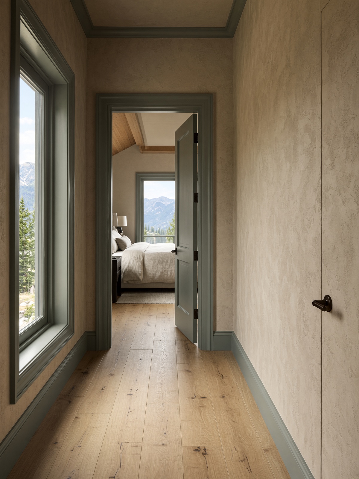 Painted trim, plaster walls, and quiet lighting in a finished hallway
