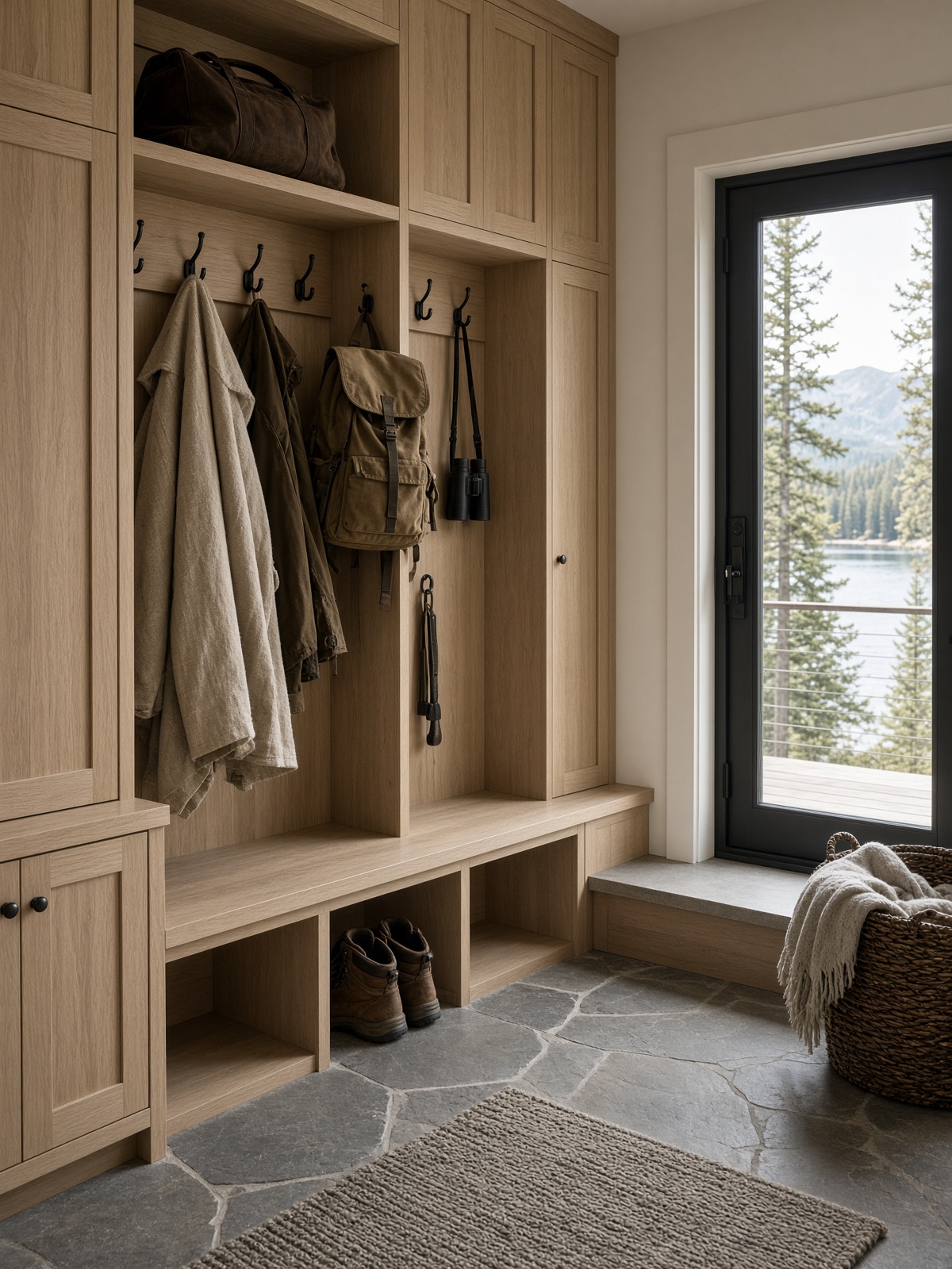 White oak mudroom lockers and stone floor