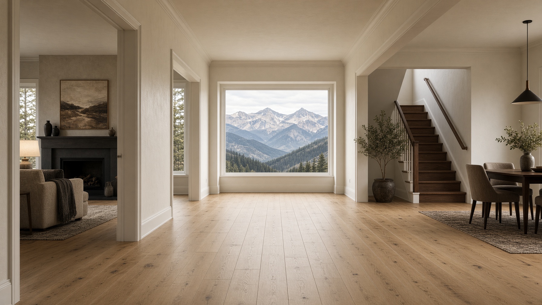Finished interior hallway with oak floors and mountain light, Columbia Falls